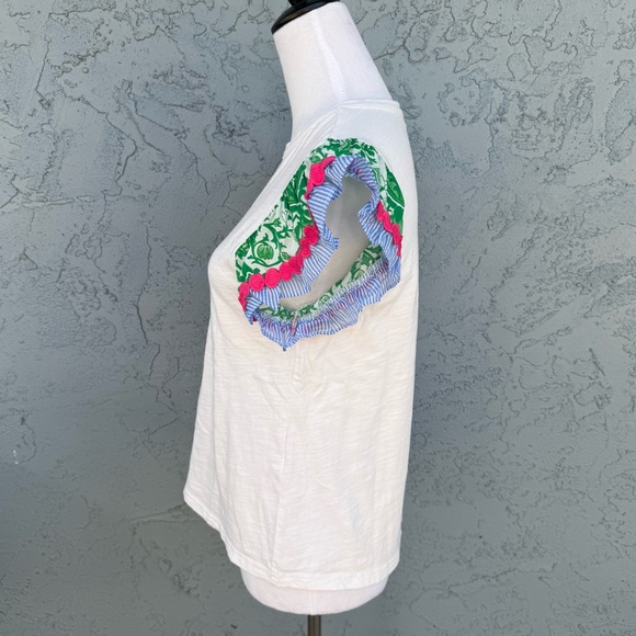 THML White Flutter Sleeve Top with Green Floral Blue Stripe and Pink Accents M - Picture 3 of 6